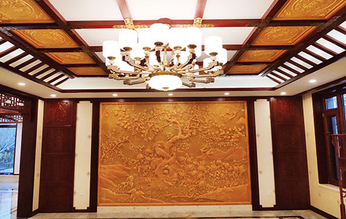 丰台中式别墅客厅中式木作横梁吊顶装饰展示